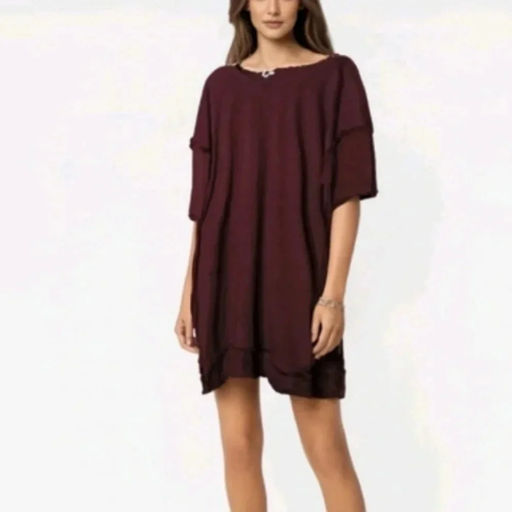 Umgee lagenlook dress tunic split sides fringe on sleeves & hem deep purple sz S - Picture 2 of 9